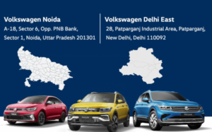 Interior of Volkswagen showroom in Noida displaying Taigun and Virtus with premium customer experience