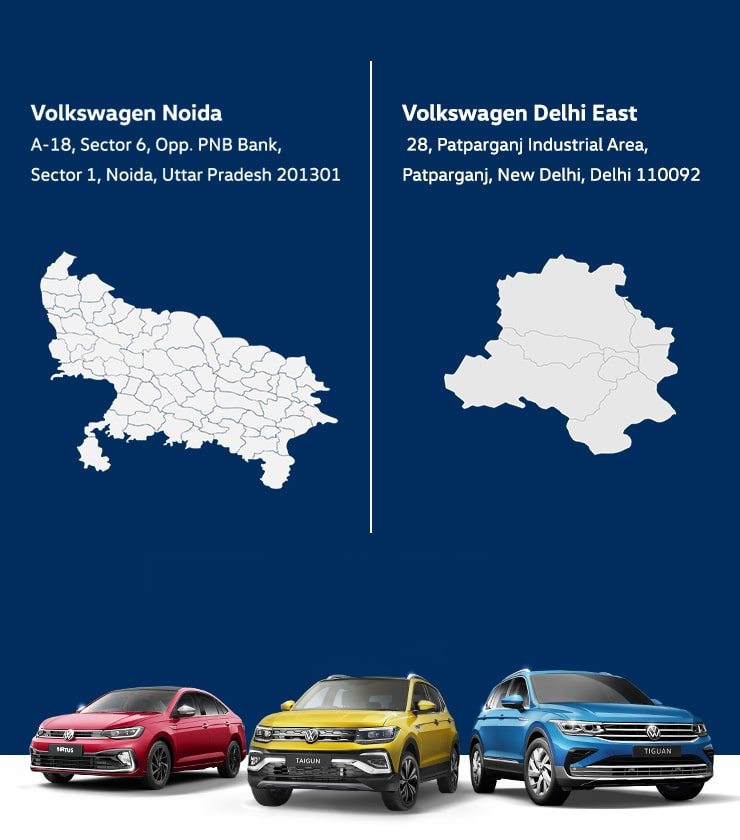 Volkswagen dealership in Delhi East showcasing Taigun and Virtus cars inside a modern showroom with customers exploring vehicles