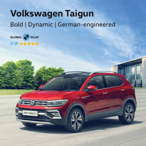 Volkswagen Taigun and Virtus parked at a dealership with promotional offer banners showcasing discounts and deals