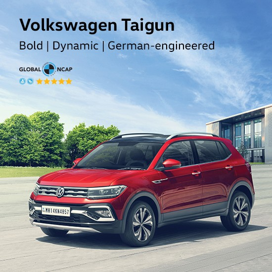 Volkswagen Taigun and Virtus parked at a dealership with promotional offer banners showcasing discounts and deals