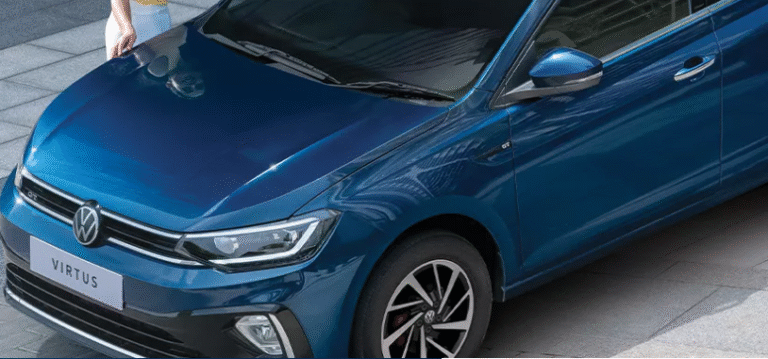Volkswagen Virtus sedan parked outside Volkswagen showroom in Noida Delhi East showcasing modern design